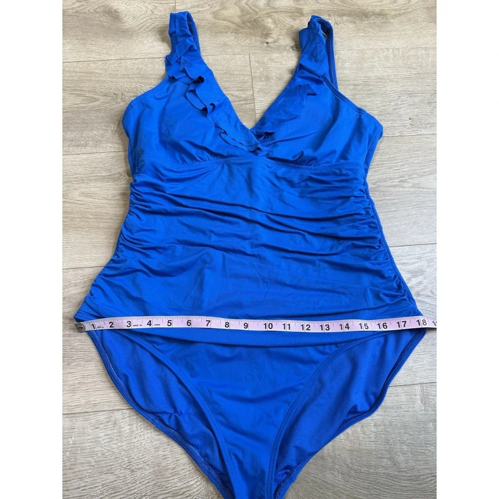 EUC Lauren Ralph Lauren‎ Ruffle Underwire Blue One Piece Tummy Ruched  Size 16